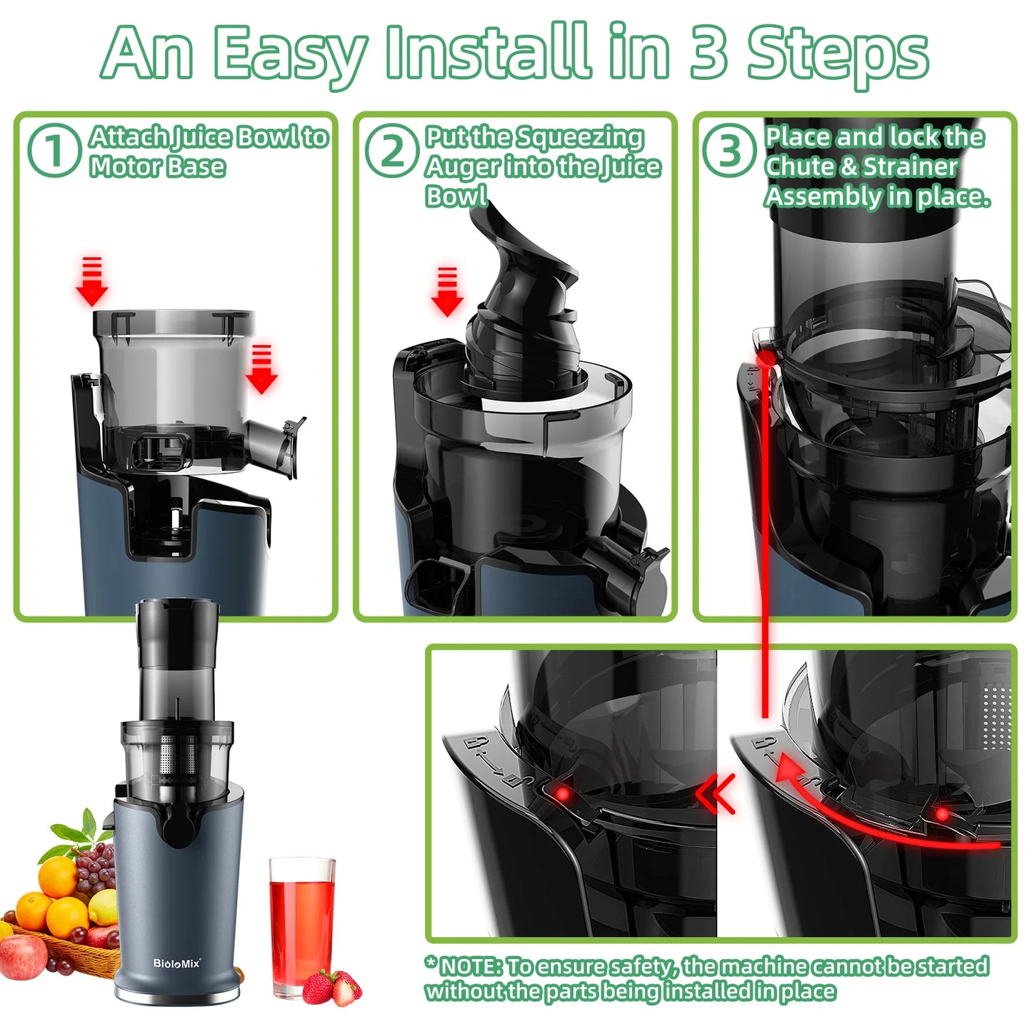 Electric Juicer Machine Juice Fruit Squeezer Slow Masticating Brush Pulp Cup UK