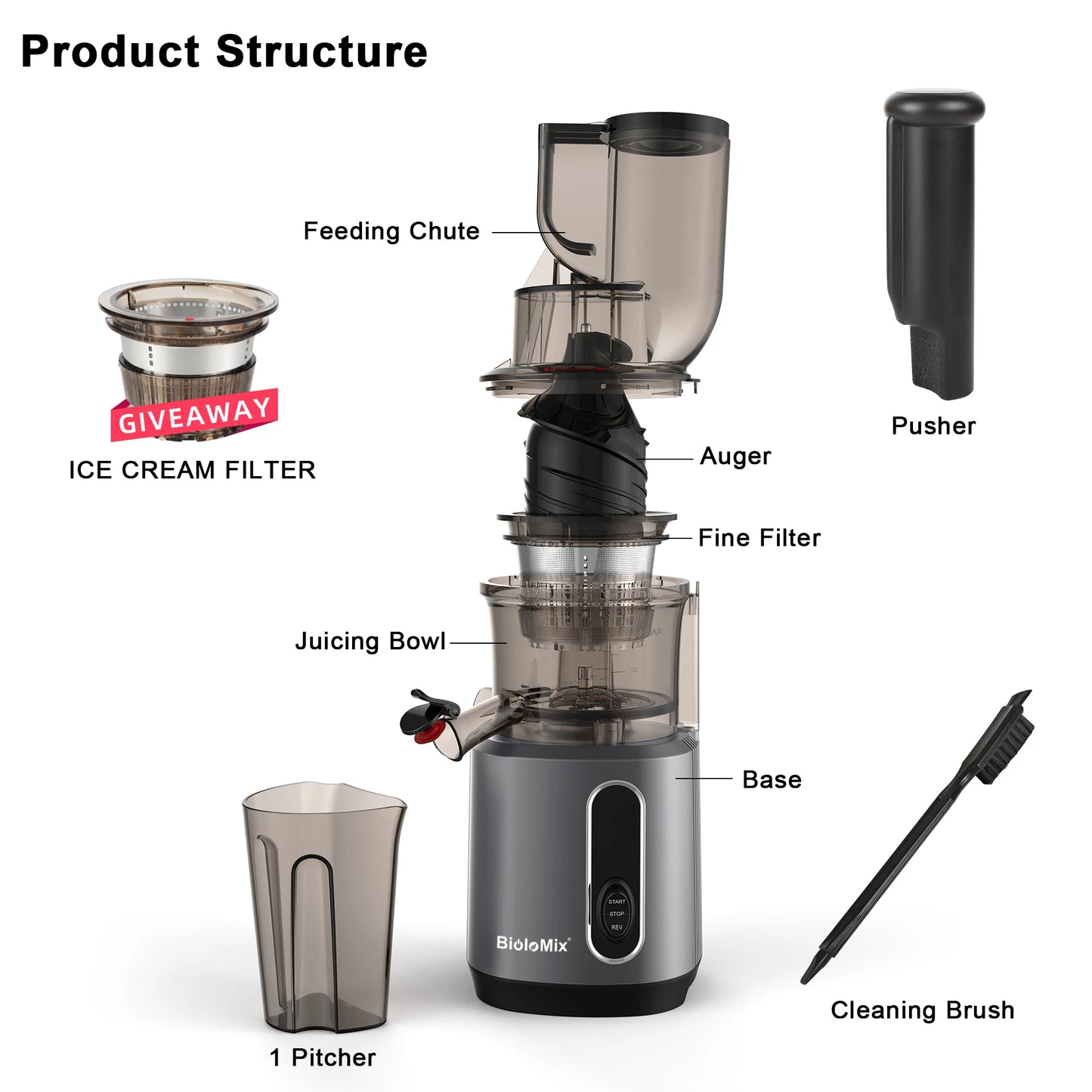Electric Juicer Machine Juice Fruit Squeezer Slow Masticating Brush Pulp Cup UK✨