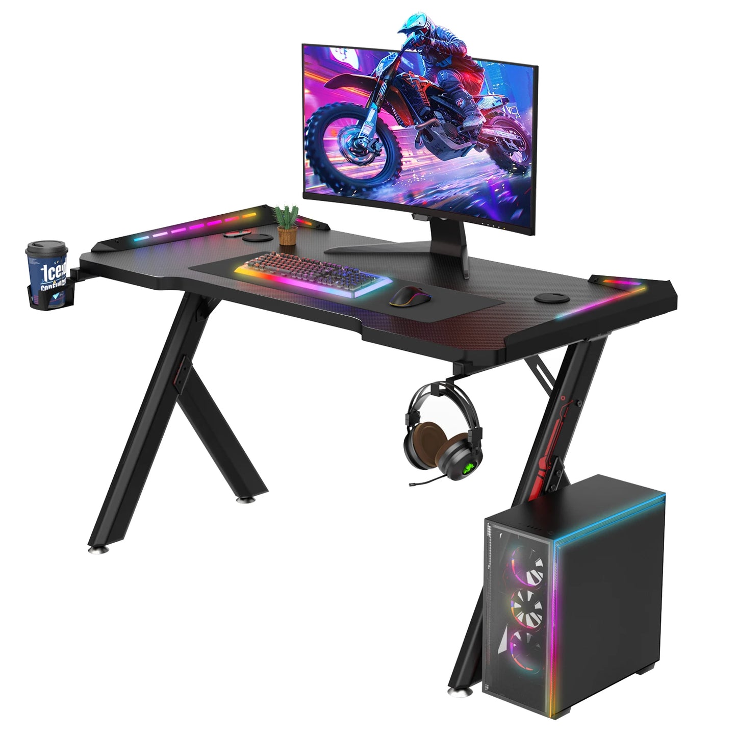 Gaming Desk LED RGB Computer Table Workstation w/ Cup Holder & Headphone Hook✨✨