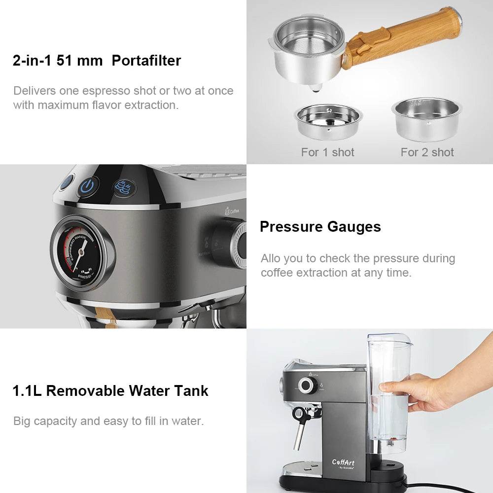 BIOLOMIX Espresso Machine With Milk Frother for Ground Coffee 1.1L Capacity 1100W