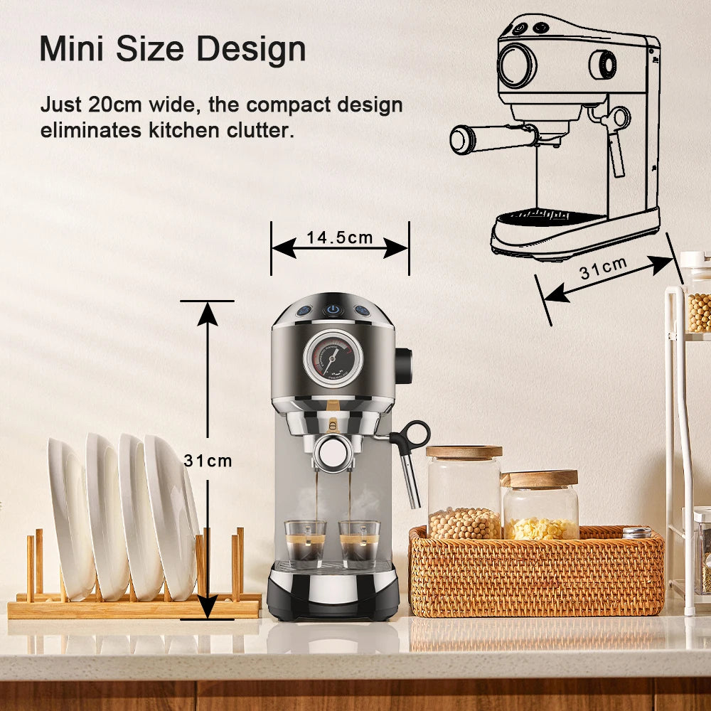 BIOLOMIX Espresso Machine With Milk Frother for Ground Coffee 1.1L Capacity 1100W