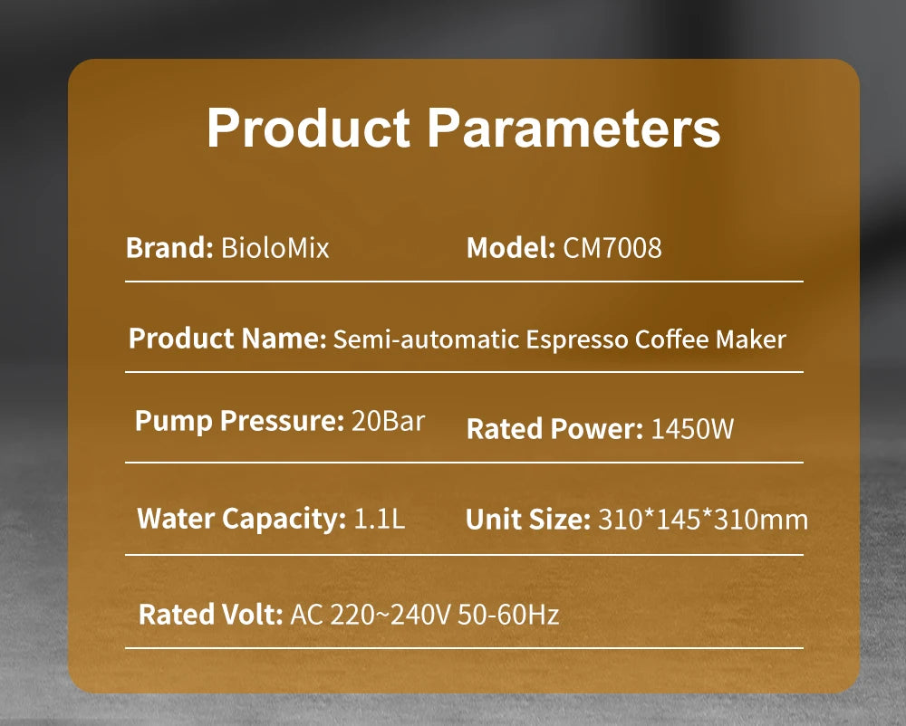 BIOLOMIX Espresso Machine With Milk Frother for Ground Coffee 1.1L Capacity 1100W