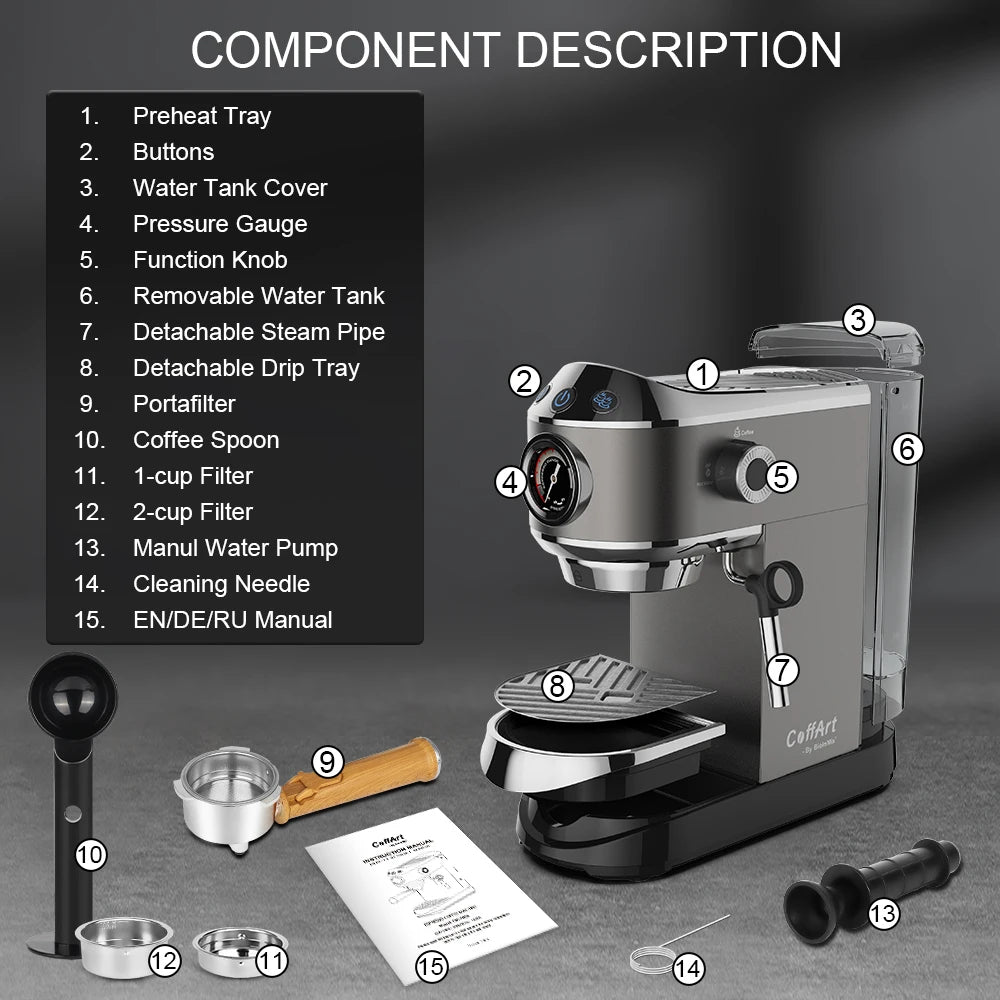 BIOLOMIX Espresso Machine With Milk Frother for Ground Coffee 1.1L Capacity 1100W