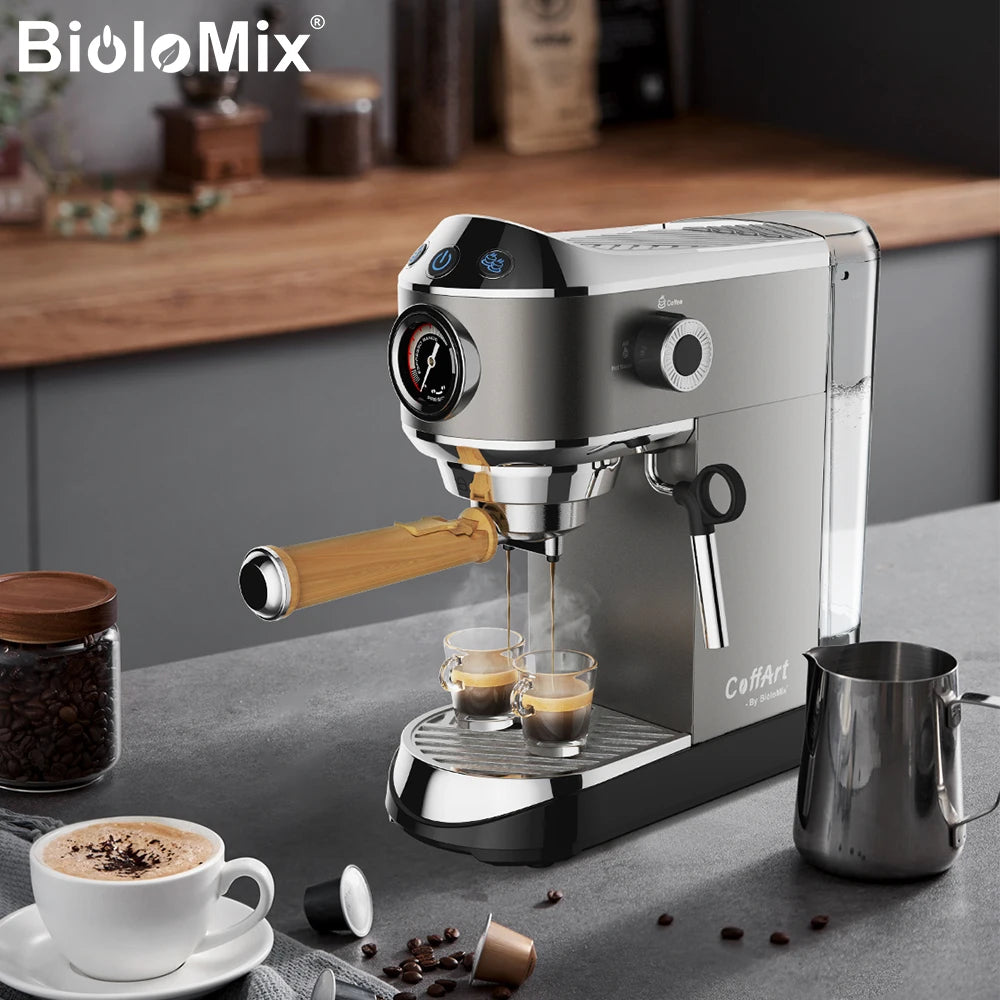 BIOLOMIX Espresso Machine With Milk Frother for Ground Coffee 1.1L Capacity 1100W