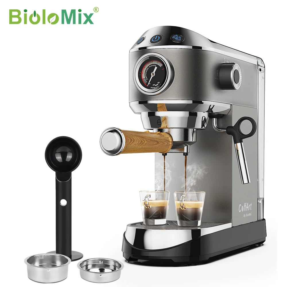 BIOLOMIX Espresso Machine With Milk Frother for Ground Coffee 1.1L Capacity 1100W