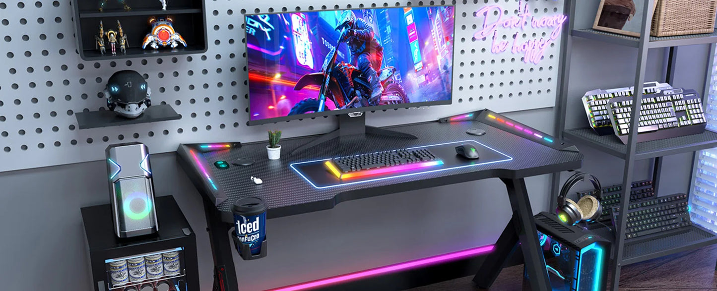 Gaming Desk LED RGB Computer Table Workstation w/ Cup Holder & Headphone Hook✨✨