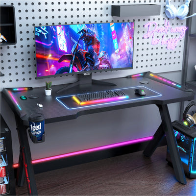 Gaming Desk LED RGB Computer Table Workstation w/ Cup Holder & Headphone Hook✨✨