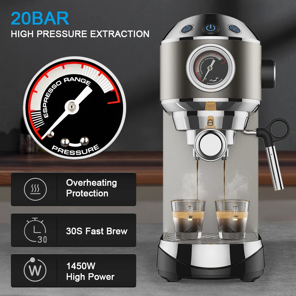 BIOLOMIX Espresso Machine With Milk Frother for Ground Coffee 1.1L Capacity 1100W