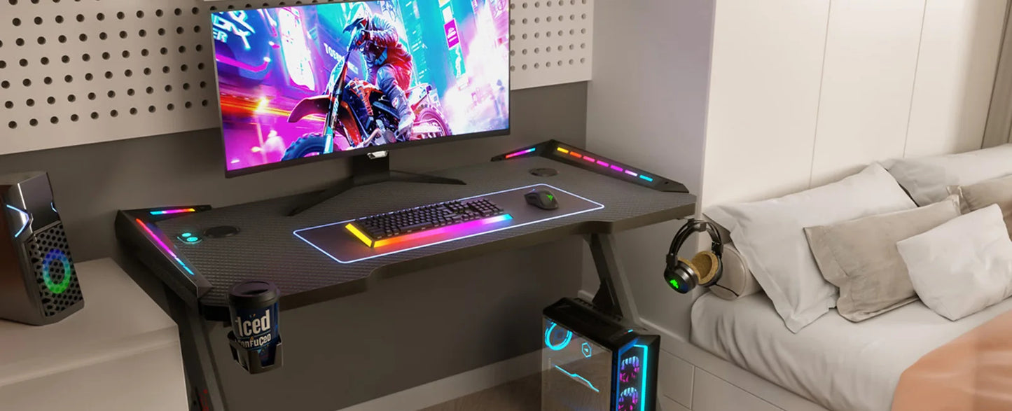 Gaming Desk LED RGB Computer Table Workstation w/ Cup Holder & Headphone Hook✨✨