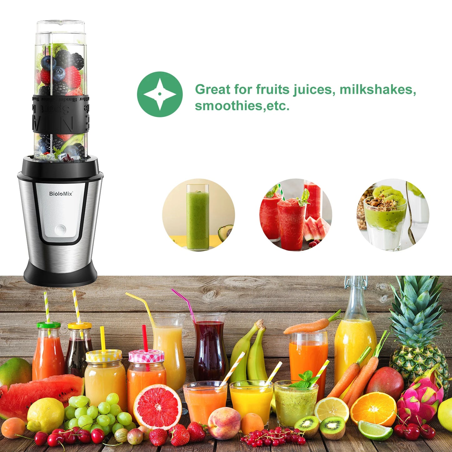 BioloMix Nutri Blender & Smoothie Maker Food Chopper & Dry Grinder700W Silver  ✨