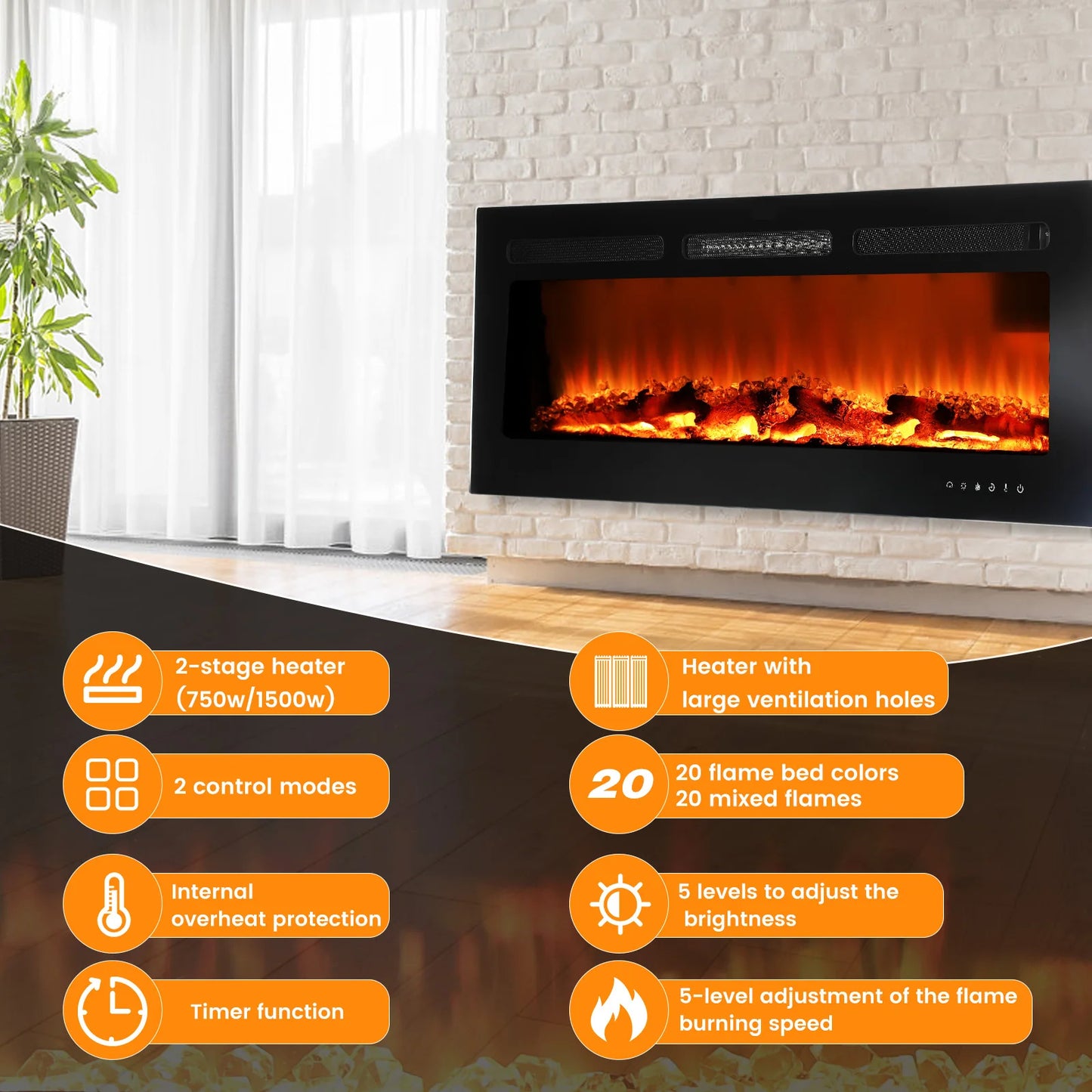 LED Fireplace Media Wall Fire Wall Mounted / Standing Electric Heater 50 in.