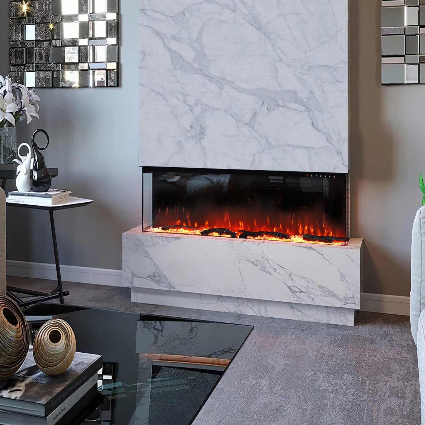 3-Sided Electric Media Fireplace 40~50" Wall Recessed Inset Fire Glass Panoramic