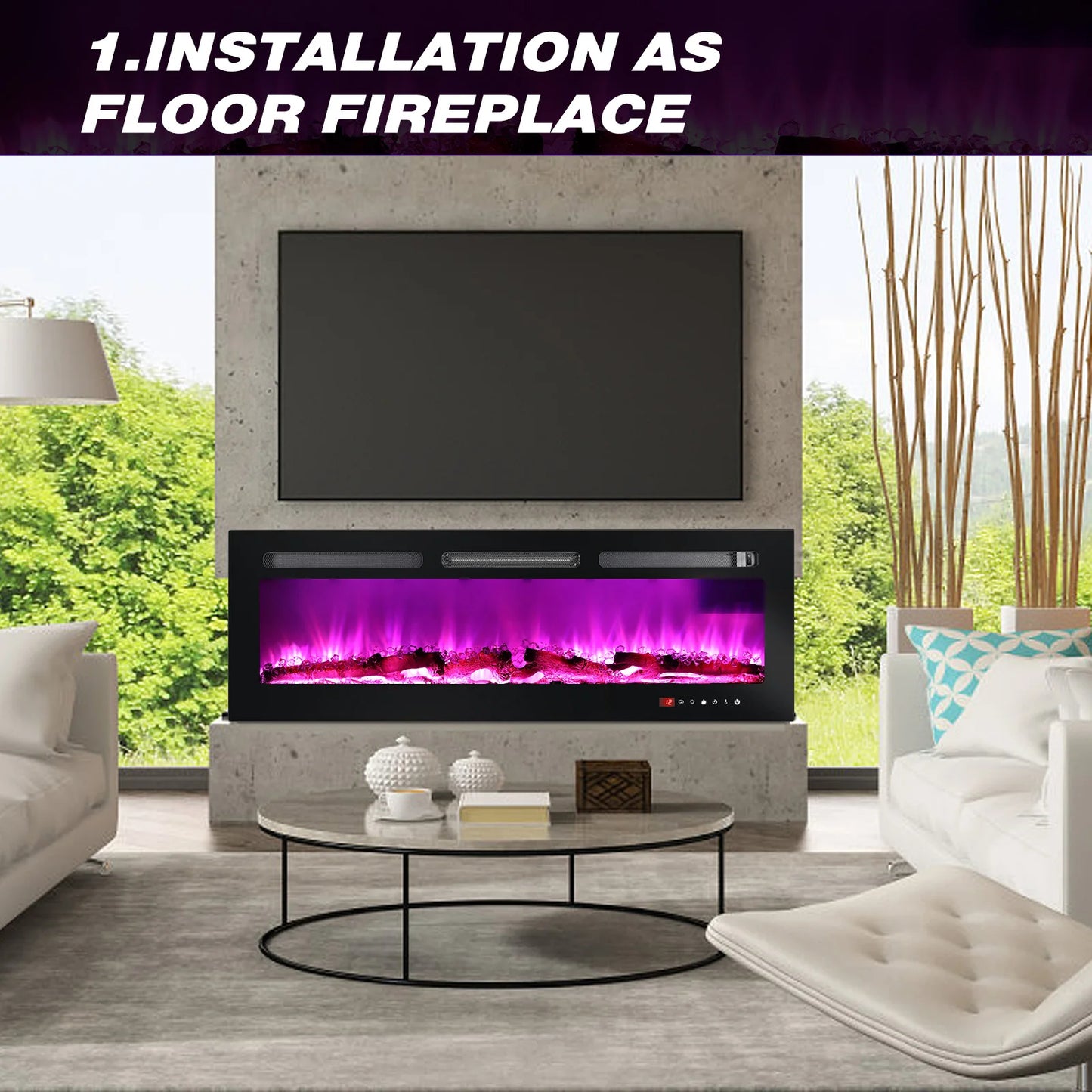 LED Fireplace Media Wall Fire Wall Mounted / Standing Electric Heater 50 in.