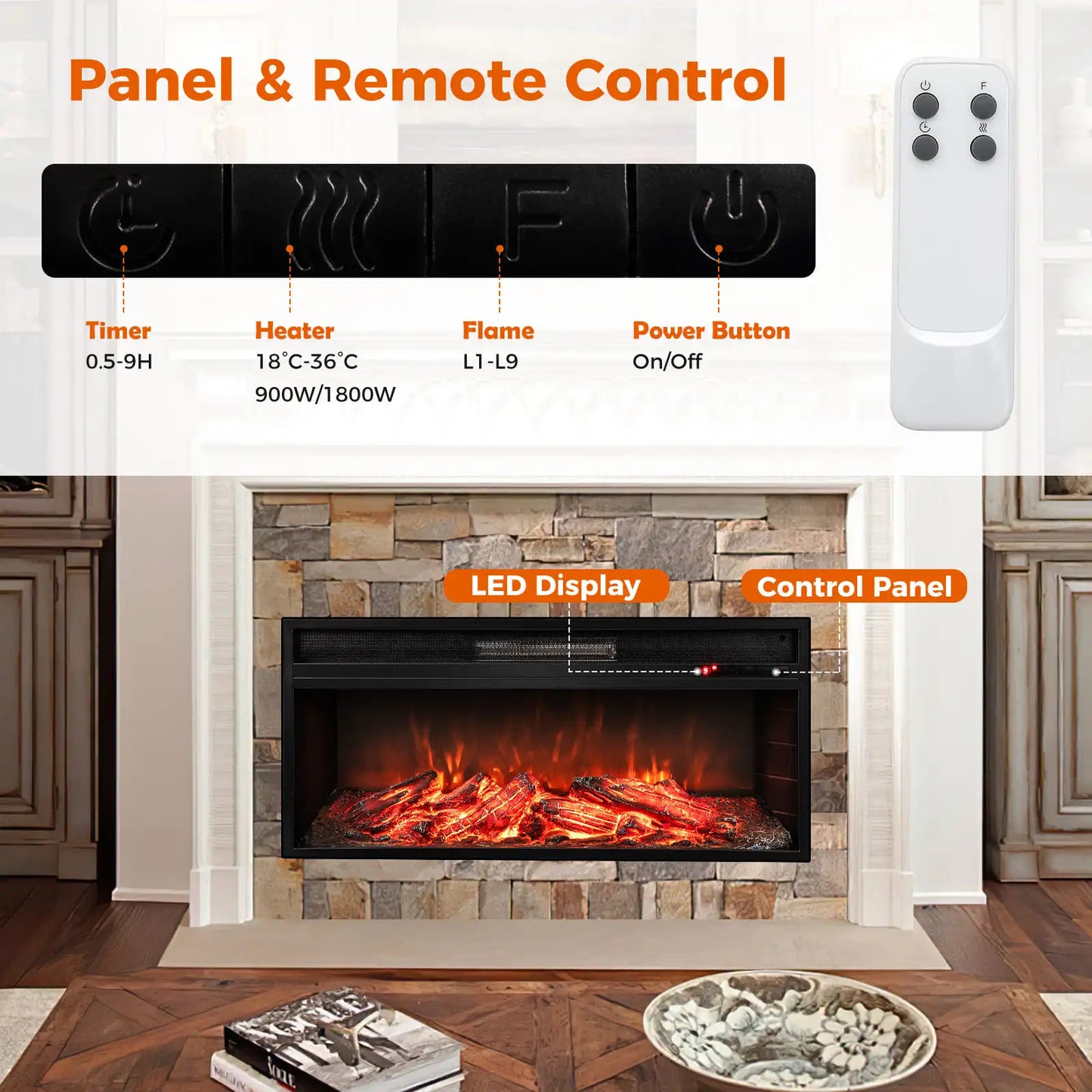 1800W Electric Wall Fireplace LED Flame Effect Timer Remote Heater✨