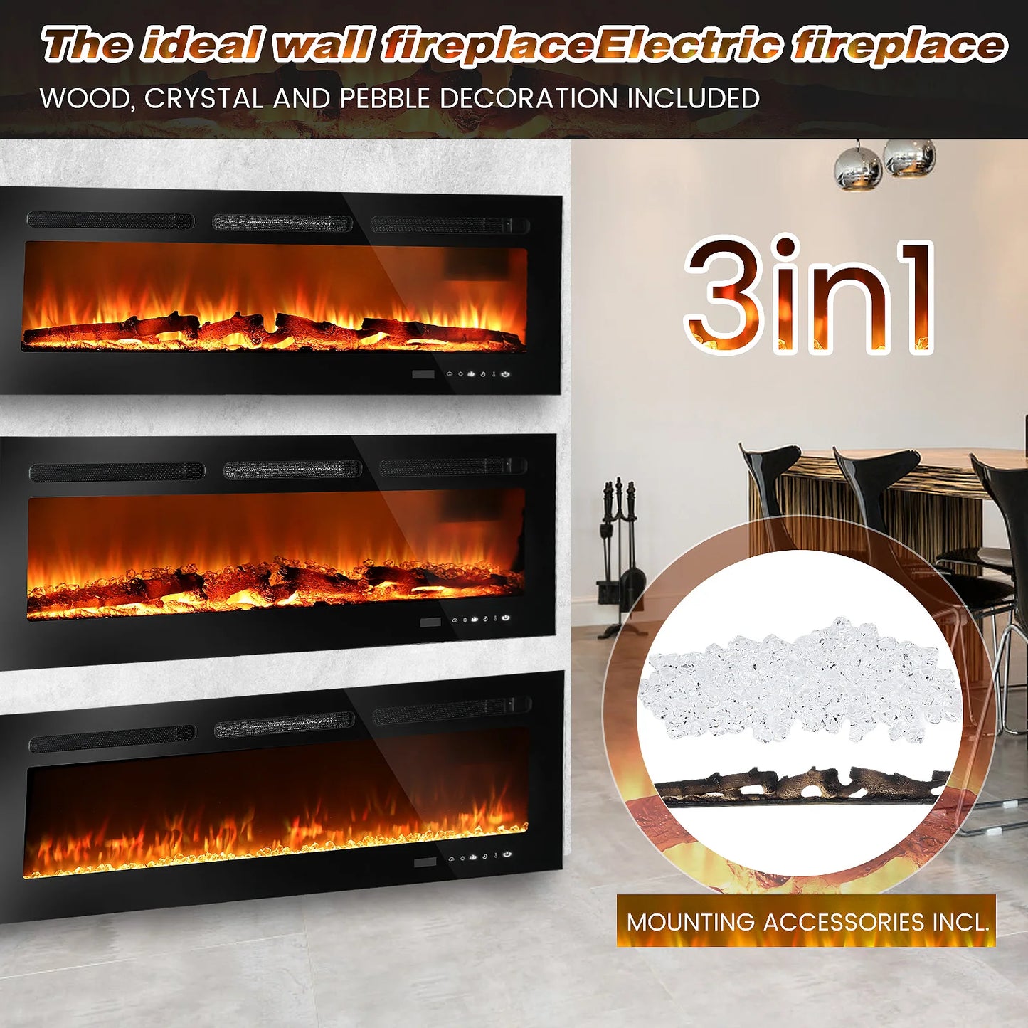 LED Fireplace Media Wall Fire Wall Mounted / Standing Electric Heater 50 in.
