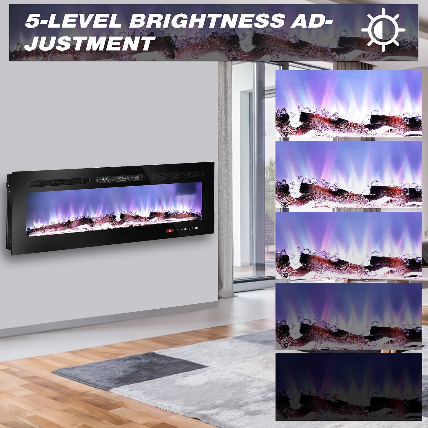 LED Fireplace Media Wall Fire Wall Mounted / Standing Electric Heater 50 in.