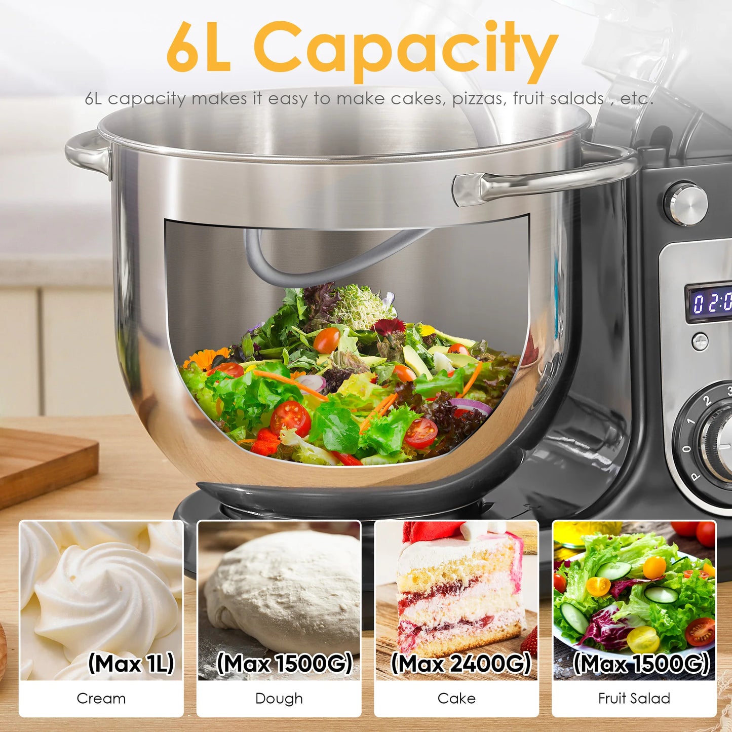 BioloMix Stand Mixer 1200W 6LElectric Kitchen QuietFood Mixer Premium ALL IN ONE