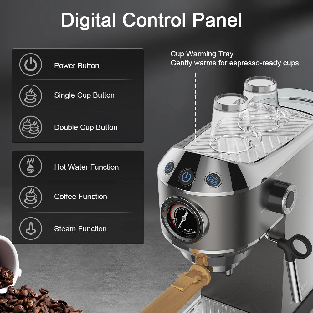 BIOLOMIX Espresso Machine With Milk Frother for Ground Coffee 1.1L Capacity 1100W