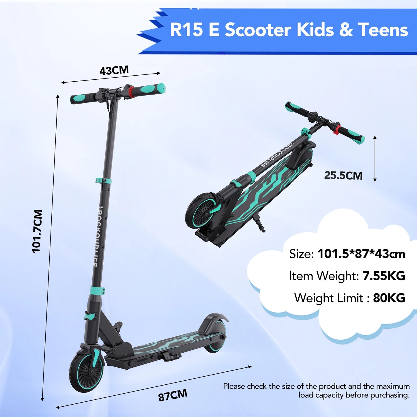 RCB R15 Foldable Electric Scooter for Kids Height adjustment, 16KM, 12.4MPH, UK✨