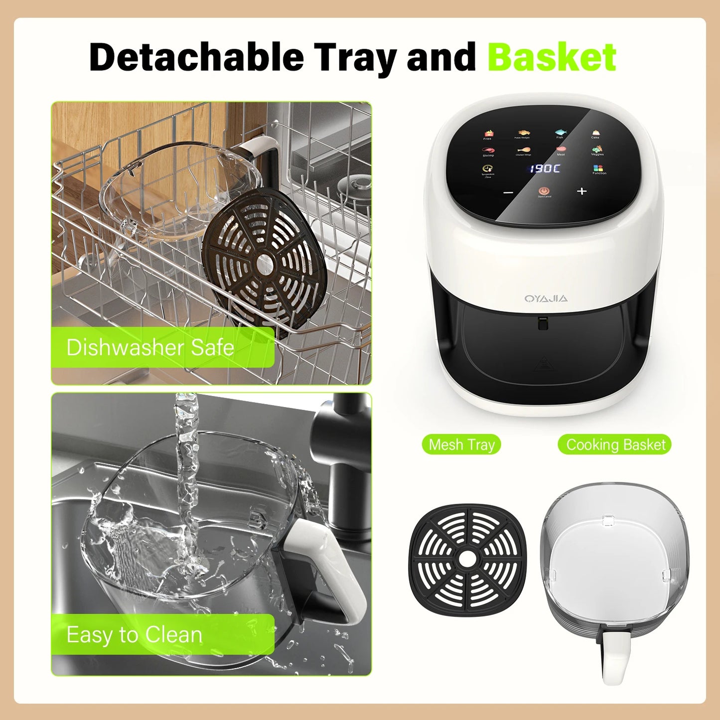 Oyjia Digital Air Fryer 5L Oil Free Frying Chips 1800W Kitchen Cooker Oven UK