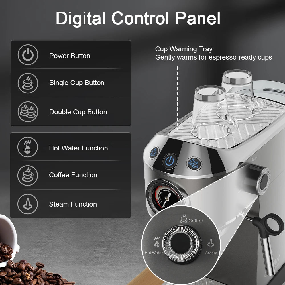 BIOLOMIX Espresso Machine With Milk Frother for Ground Coffee 1.1L Capacity 1100W