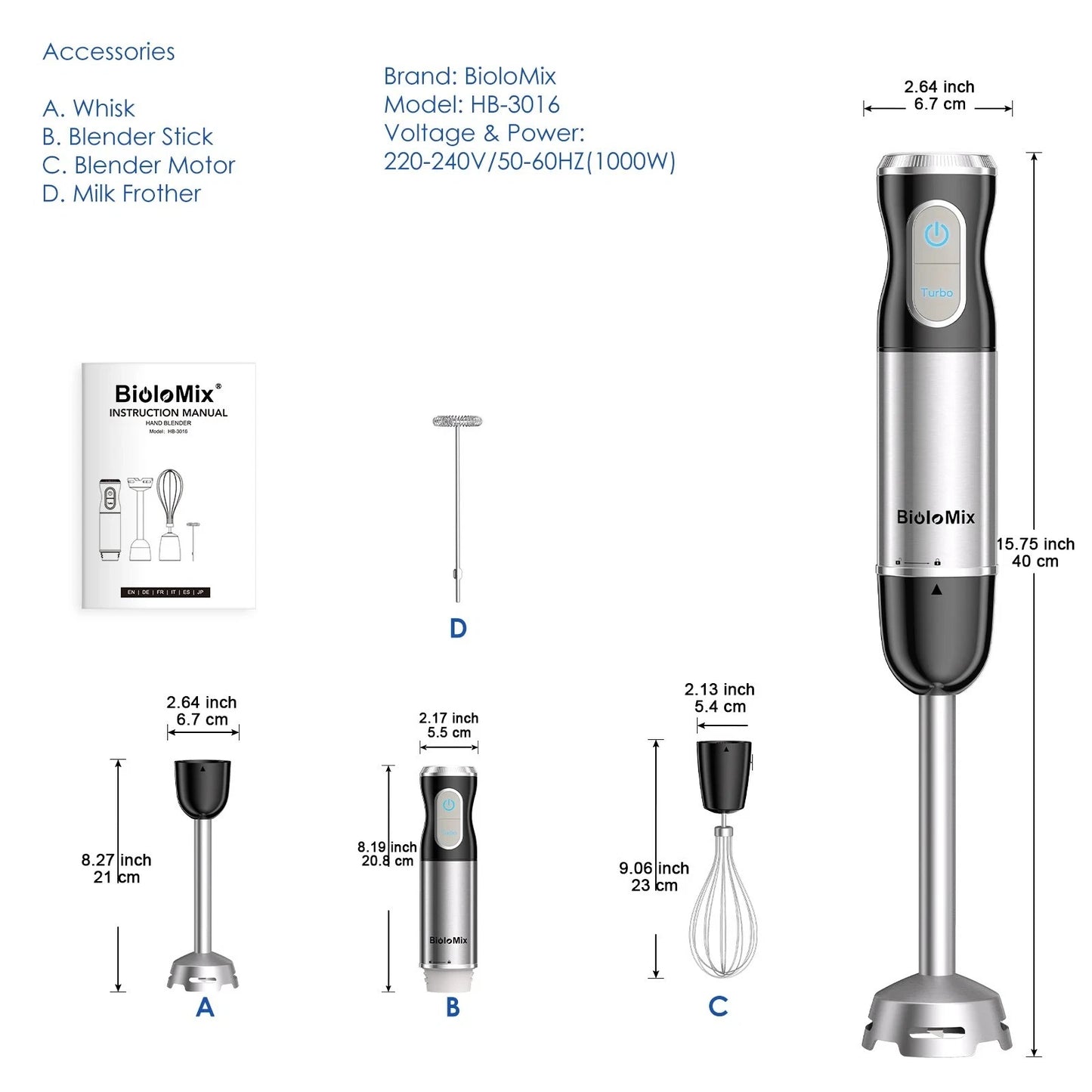 1000W Hand Blender Electric Stick Blender Curry Fruit FoodMixer Juice Cream Easy